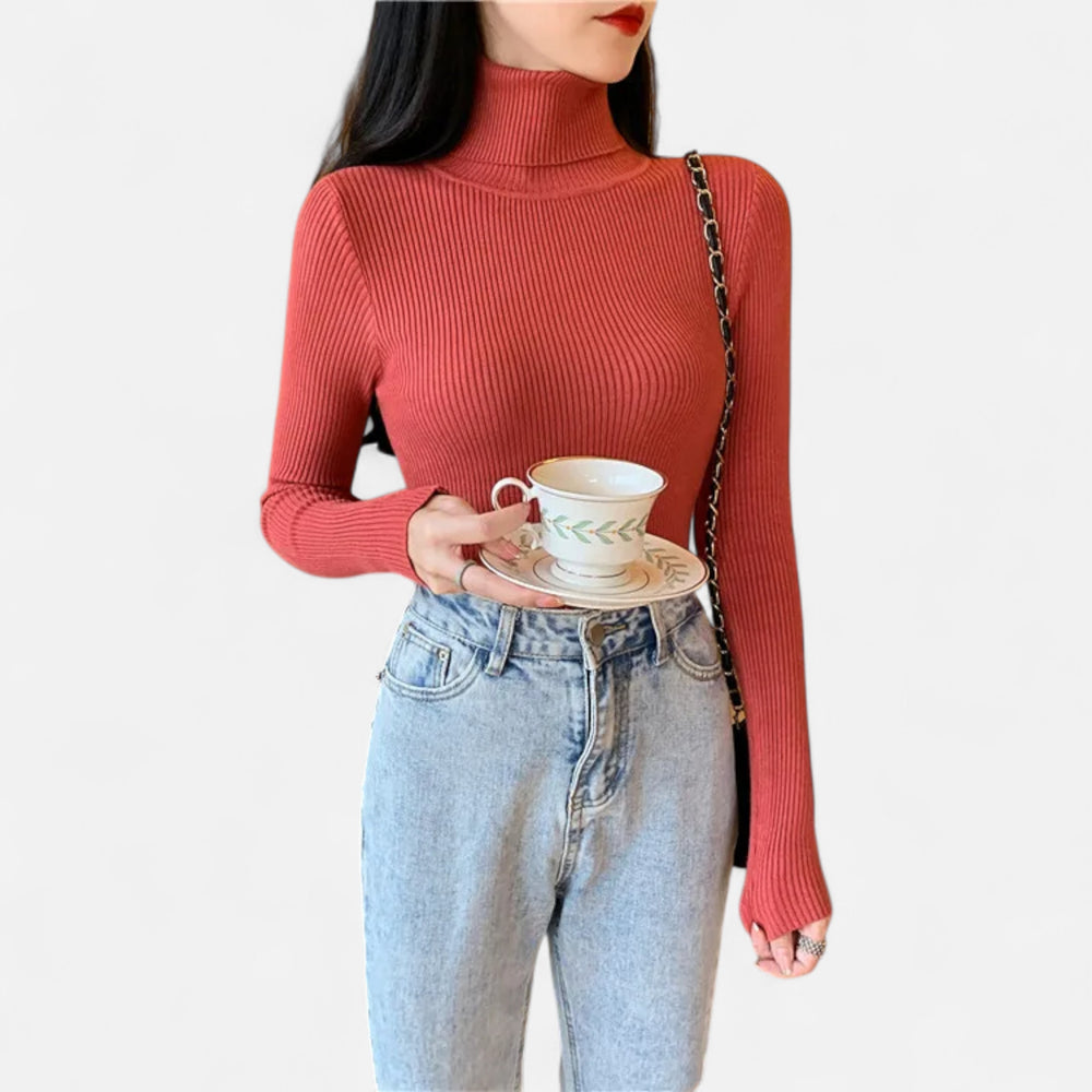 Women’s Ribbed Mock Neck Top - Slim Fit Long Sleeve Pullover