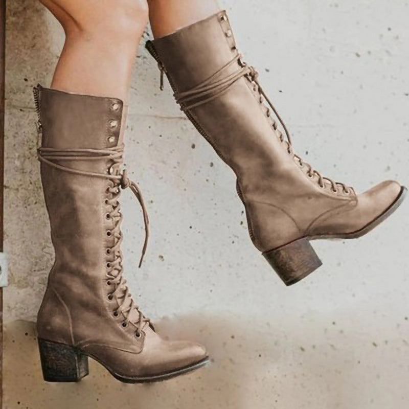 Women’s Verona Vintage Lace-Up Knee-High Boots – Block Heel Retro Style