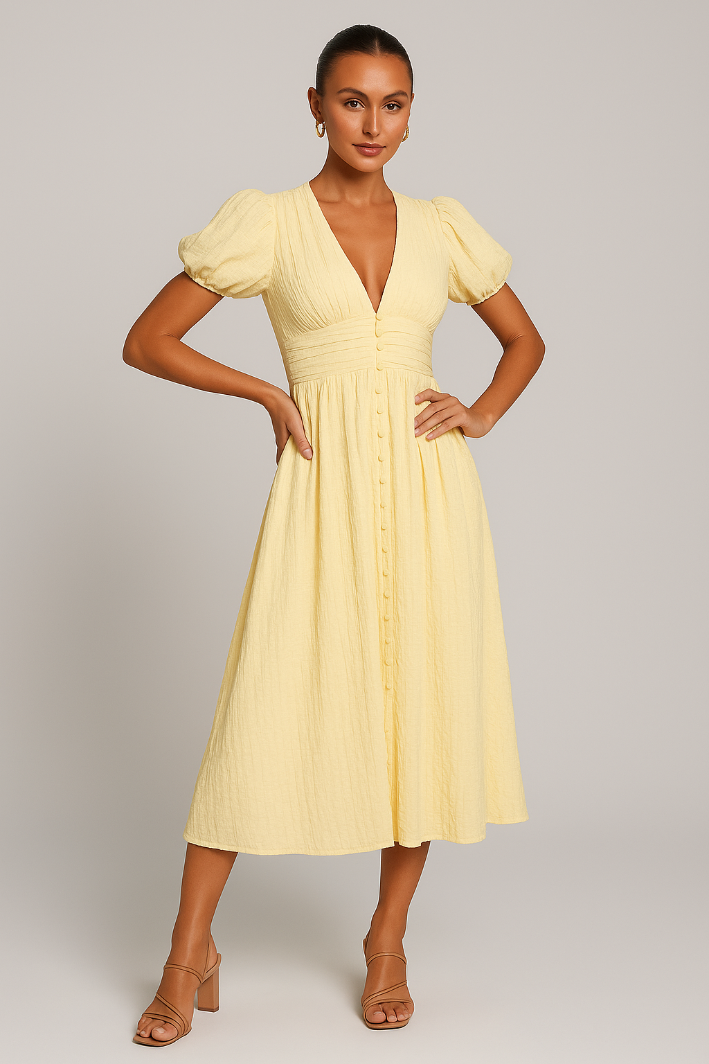 Solea - Buttoned V-Cut Puff Sleeve Midi Dress