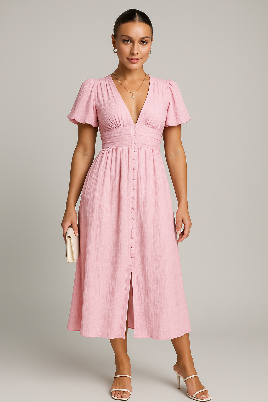 Solea - Buttoned V-Cut Puff Sleeve Midi Dress