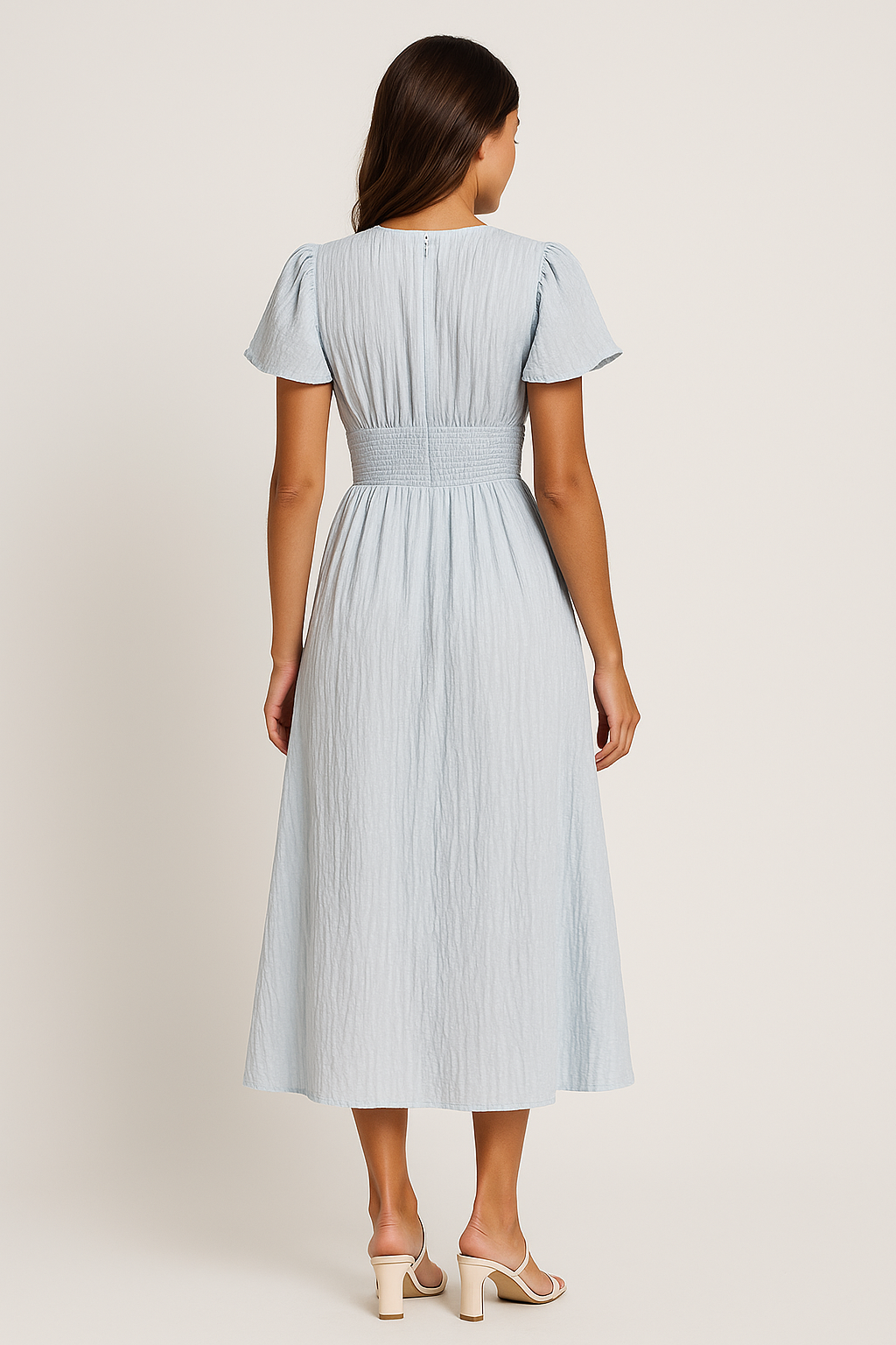 Solea - Buttoned V-Cut Puff Sleeve Midi Dress