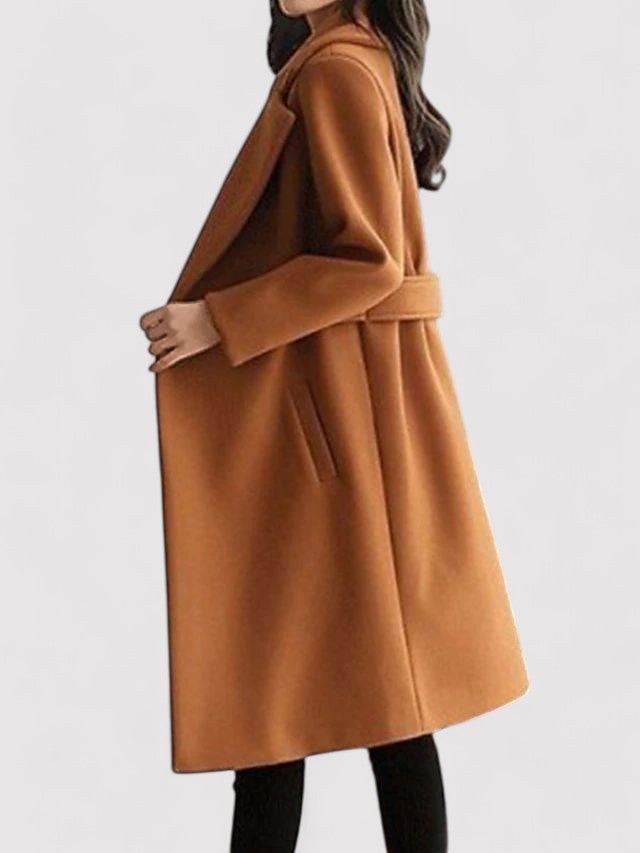 Women’s Long Tailored Coat - Classic Lapel Belted Winter Outerwear