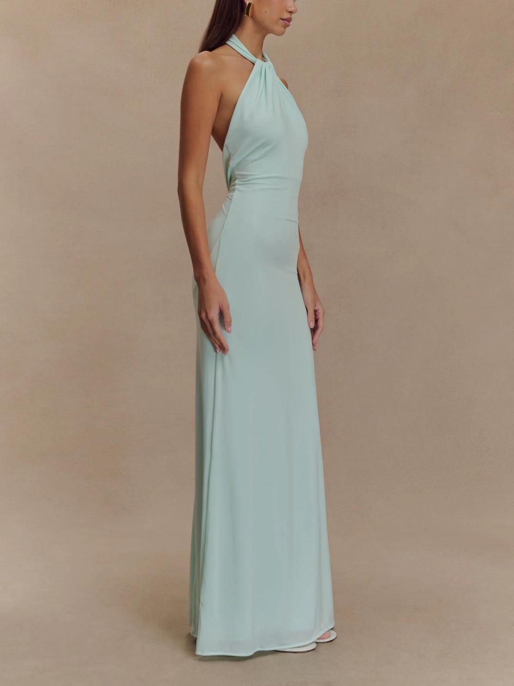 Women’s Halter Neck Maxi Dress - Ruched Waist Sleeveless Formal Evening Gown