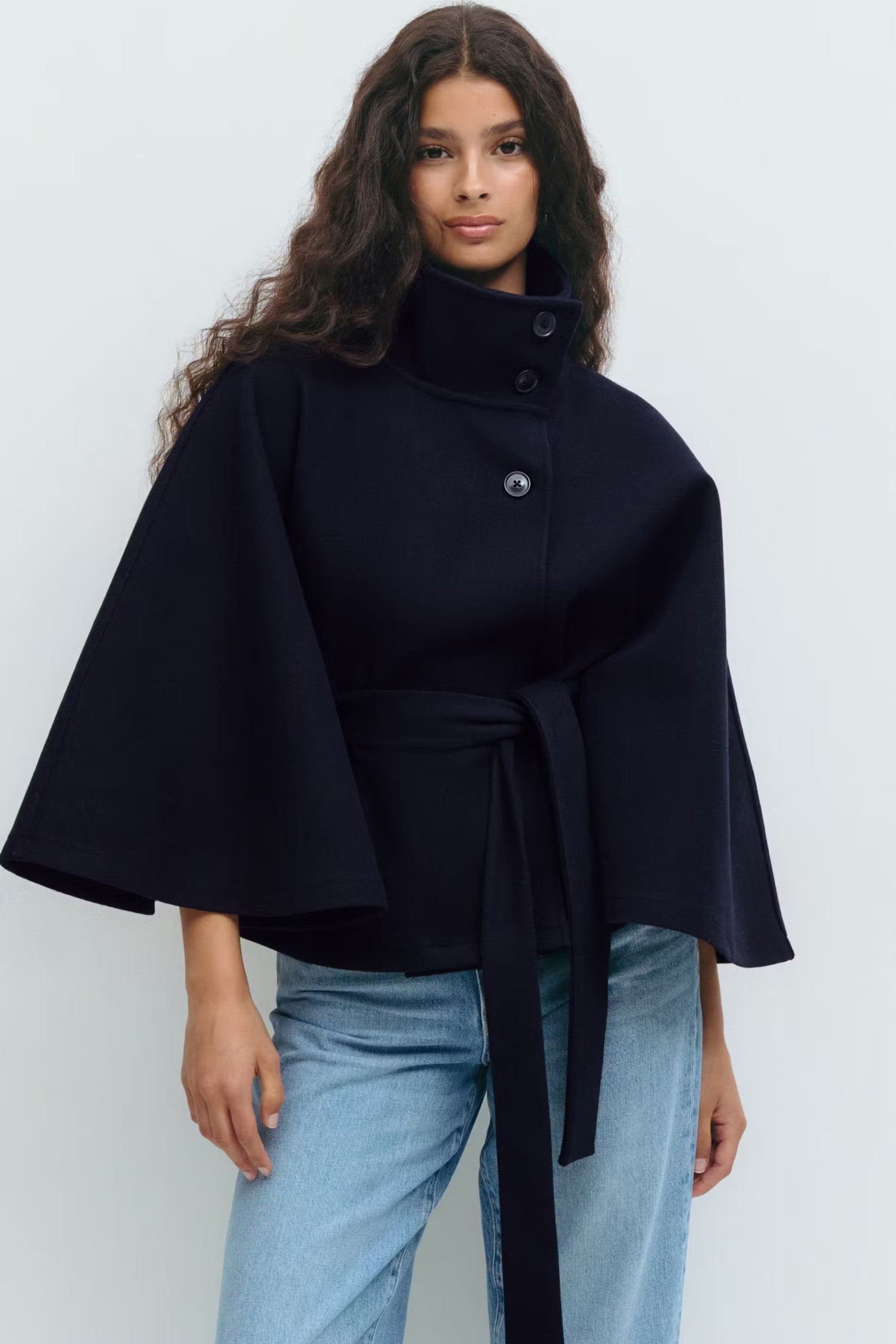 Women’s High-Neck Belted Coat - Elegant Minimalist Outerwear