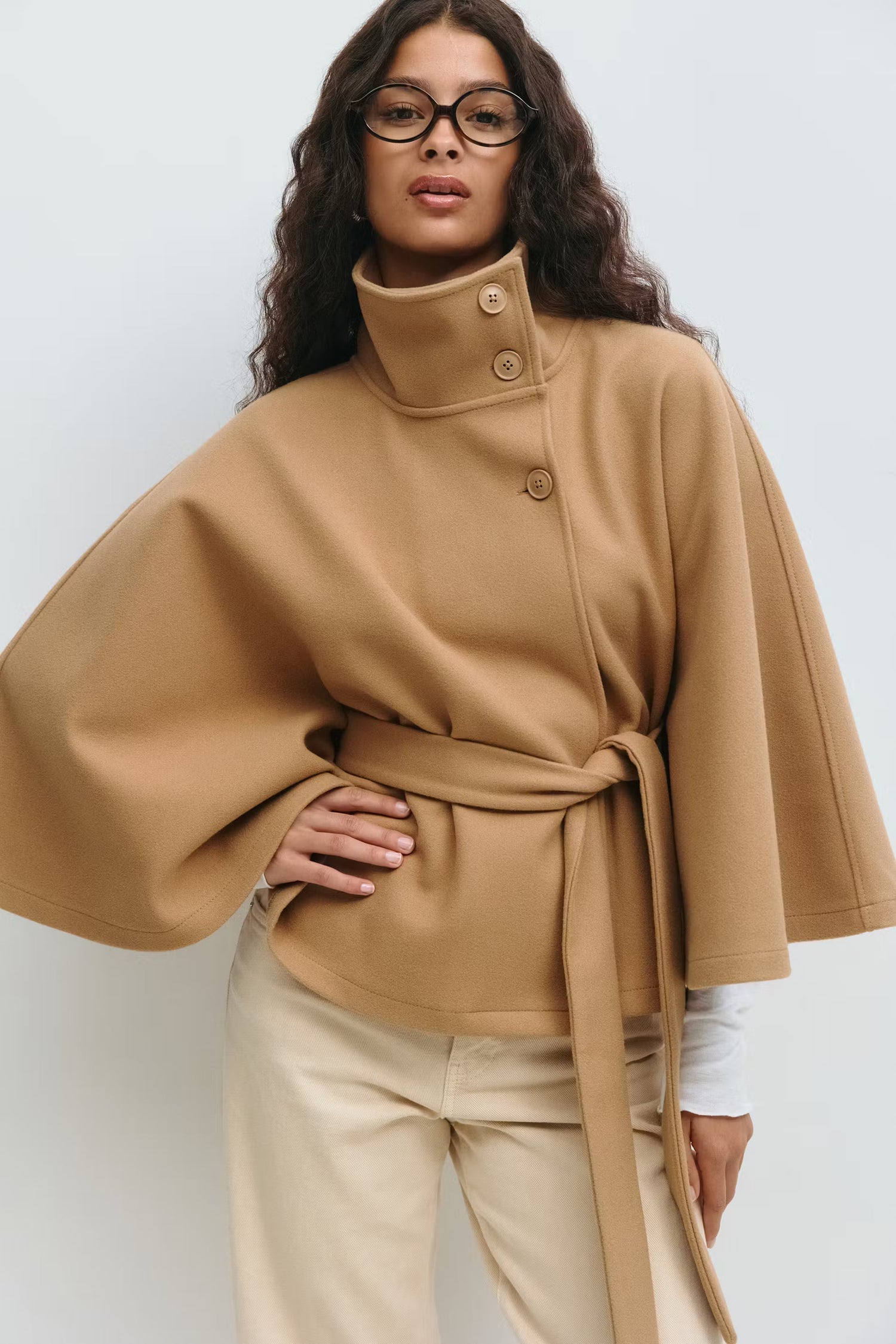 Women’s High-Neck Belted Coat - Elegant Minimalist Outerwear