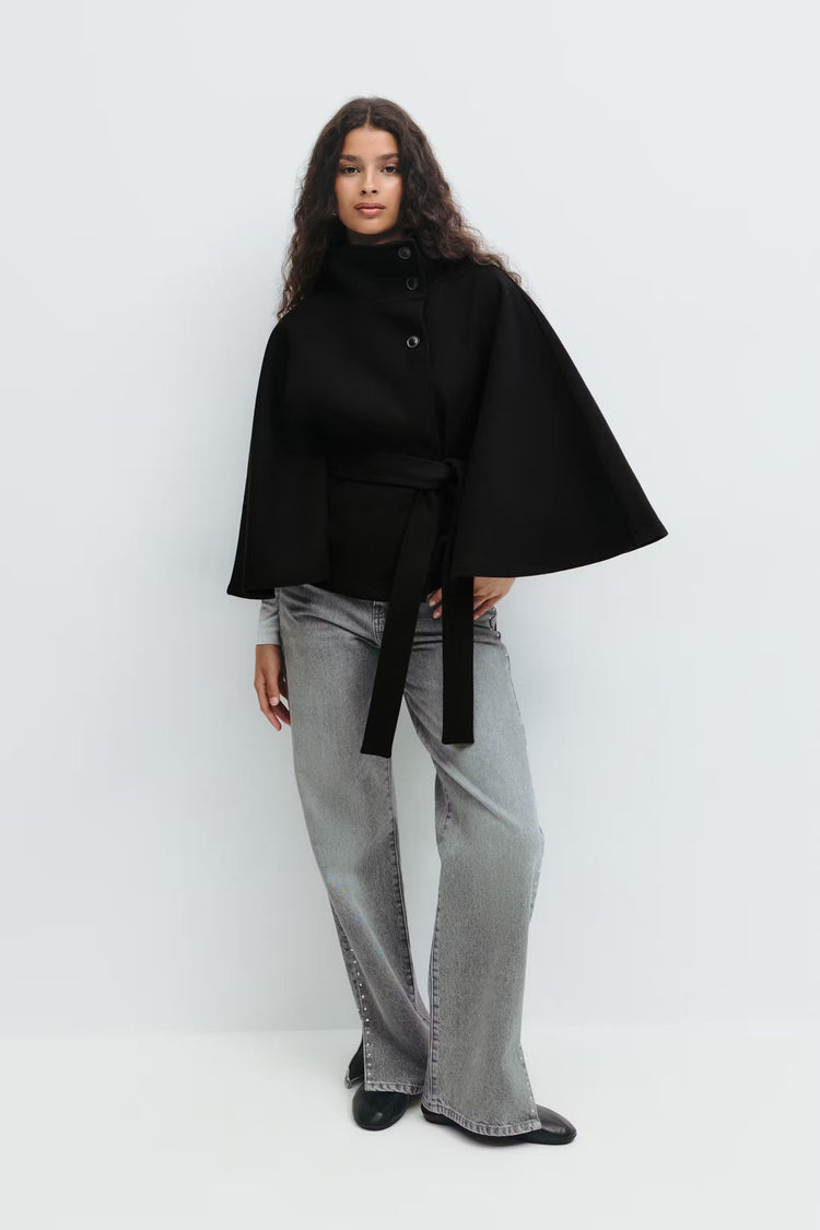 Women’s High-Neck Belted Coat - Elegant Minimalist Outerwear