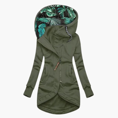 Asymmetrical Zip Hoodie - Tropical Leaf Print Hood