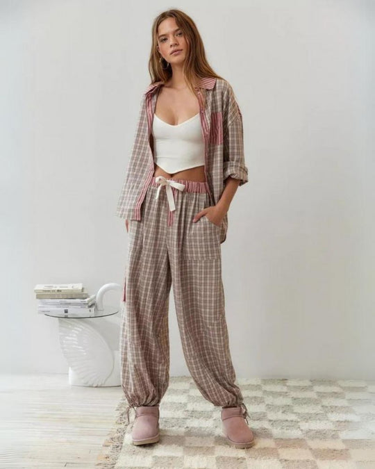 Women’s Lounge Set - Relaxed Button Shirt Drawstring Trousers