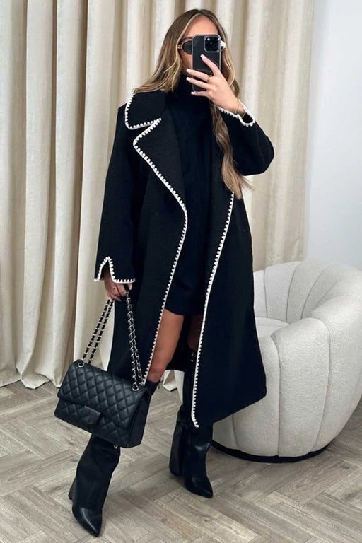 Women’s Long Statement Coat - Contrast Trim Oversized Outerwear