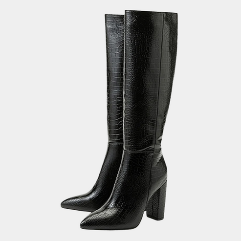 Women’s Knee-High Block Heel Boots - Pointed Toe Croc-Effect