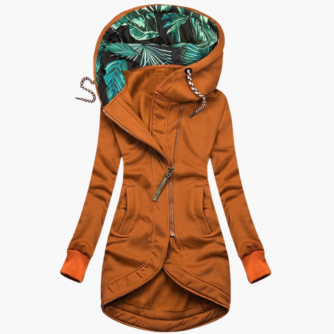 Asymmetrical Zip Hoodie - Tropical Leaf Print Hood