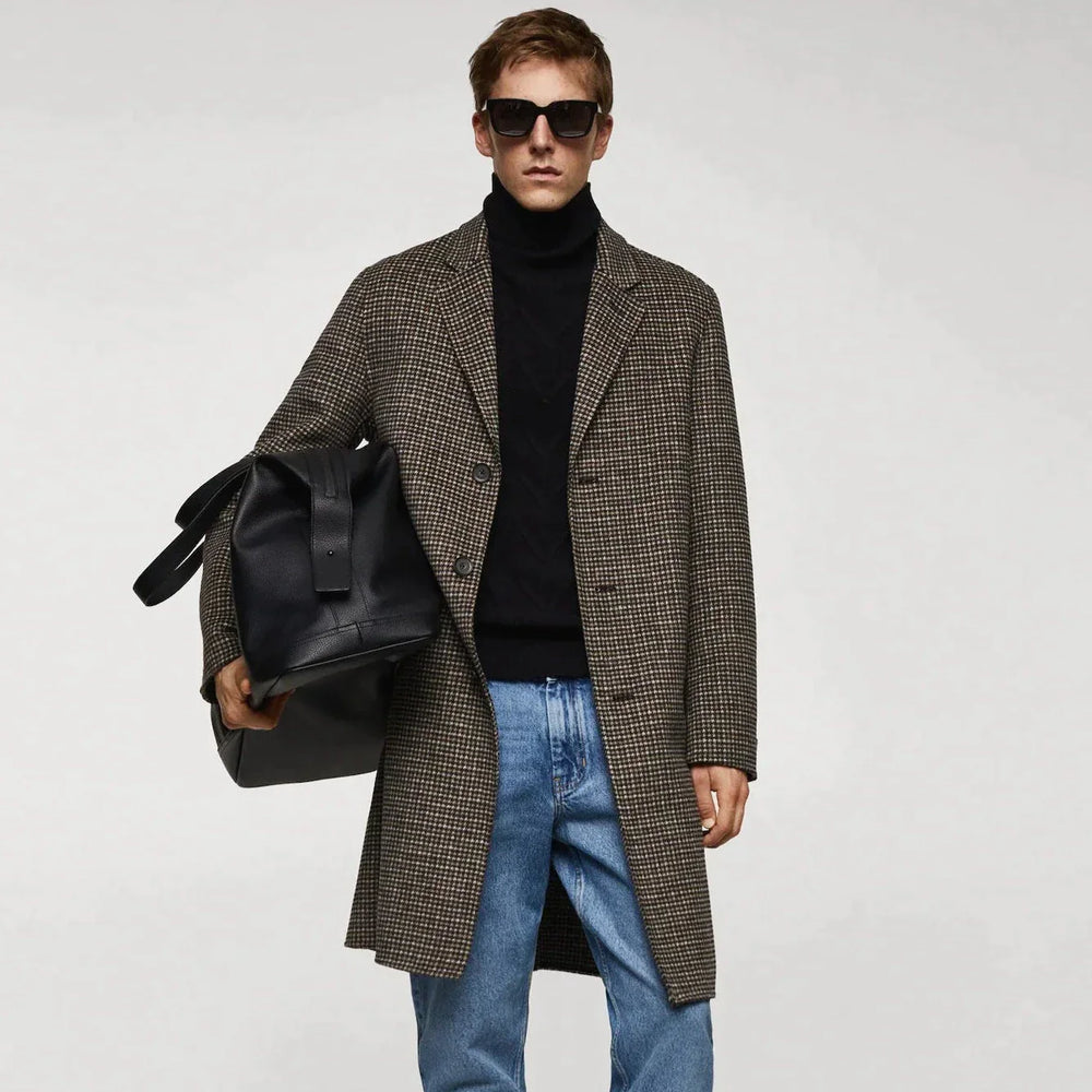 Men’s Houndstooth Overcoat - Classic Long Checked Coat