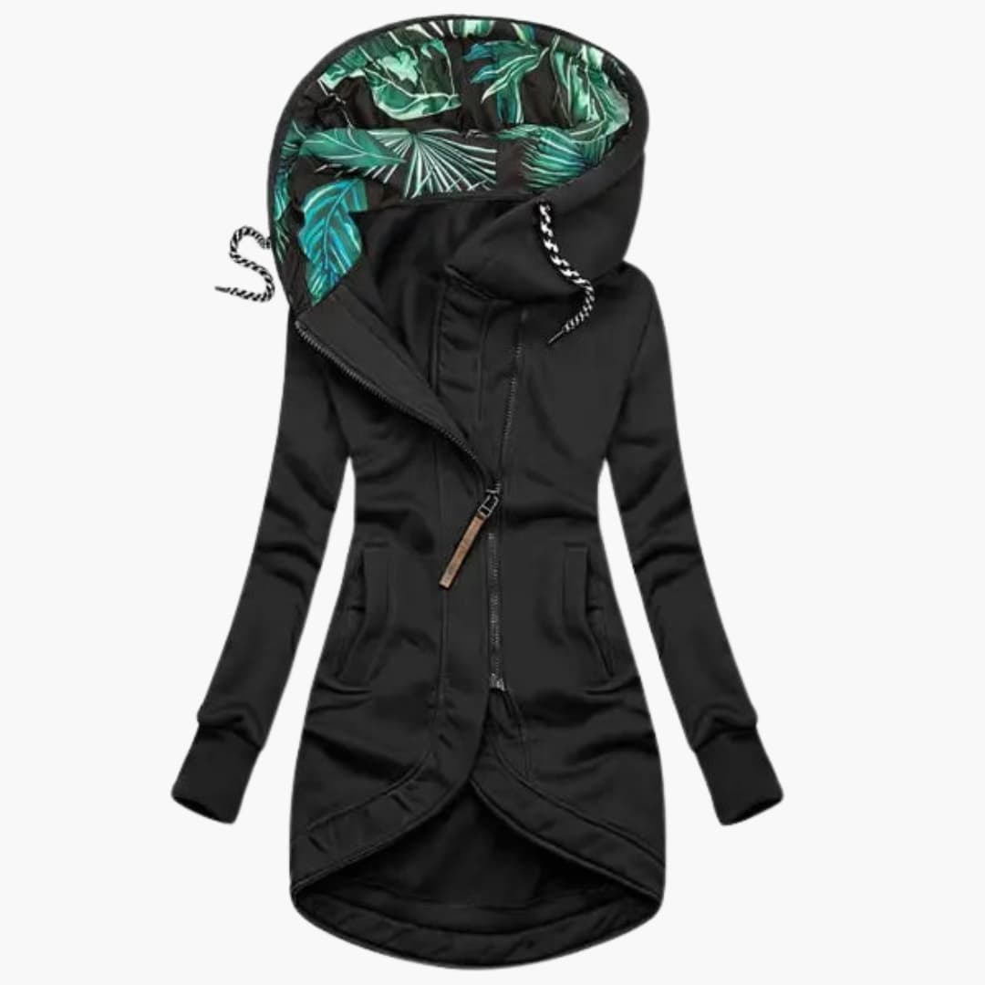 Asymmetrical Zip Hoodie - Tropical Leaf Print Hood