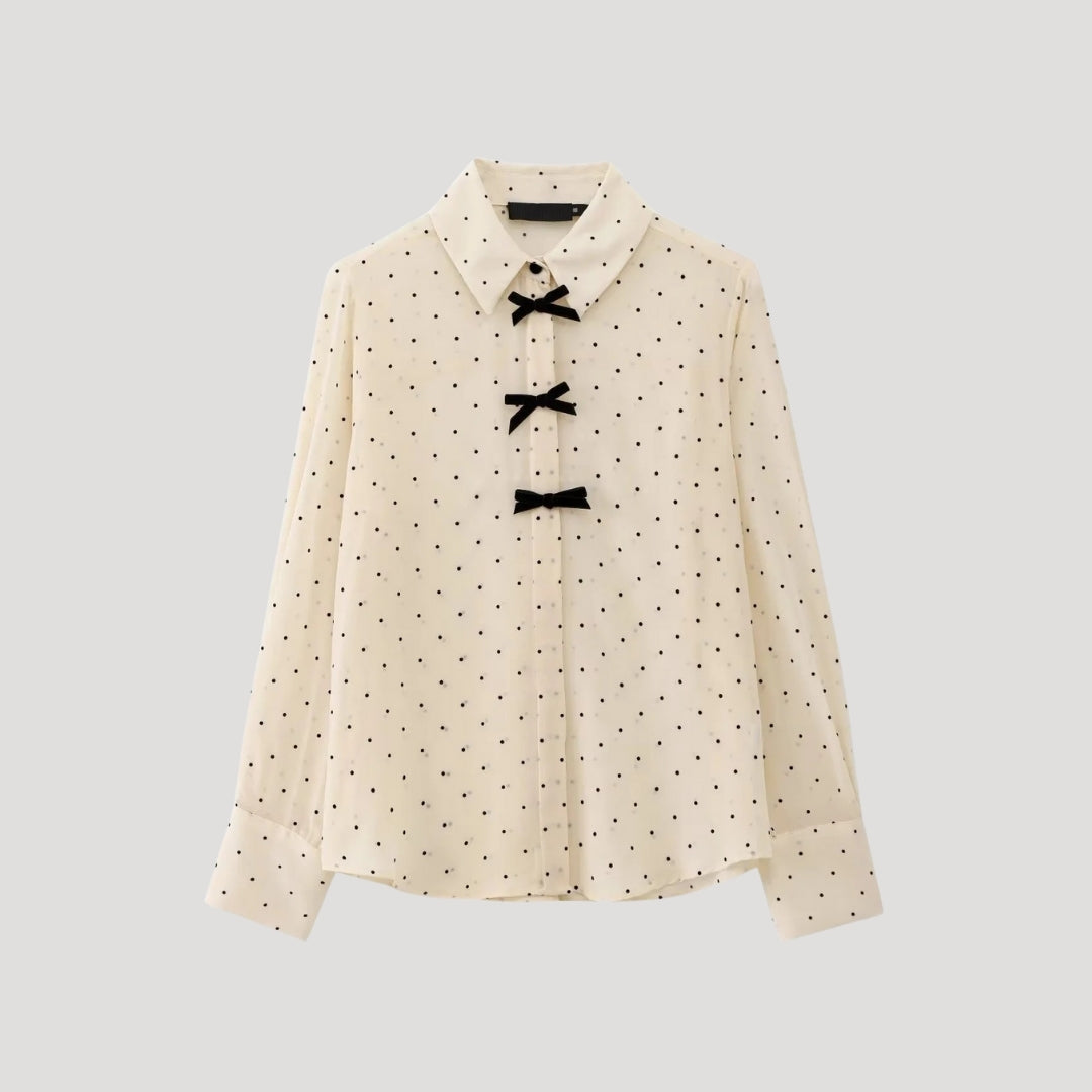 Women's Long-Sleeve Polka Dot Chiffon Blouse With Bow Tie