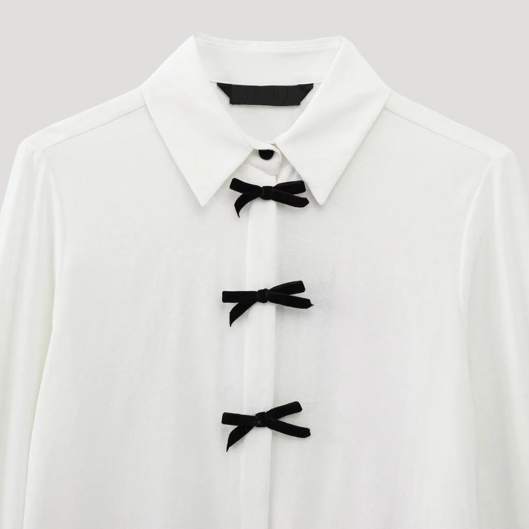 Women's Long-Sleeve Polka Dot Chiffon Blouse With Bow Tie