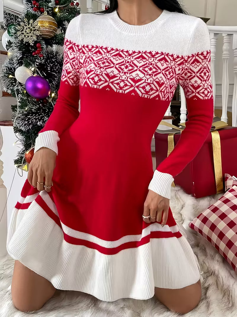 Women’s Festive Knit Flare Dress - Long Sleeve Holiday Fit-and-Flare