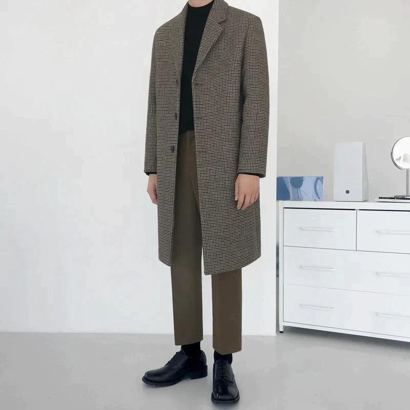Men’s Houndstooth Overcoat - Classic Long Checked Coat