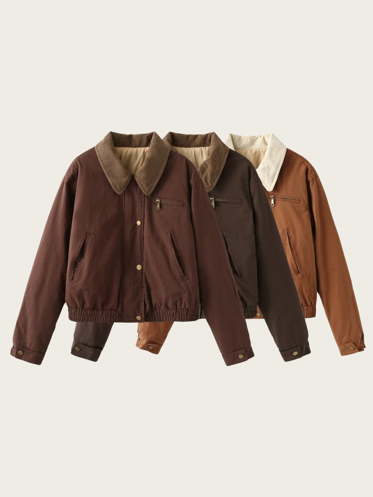 Women’s Casual Bomber Jacket - Corduroy Collar Zip-Up Outerwear