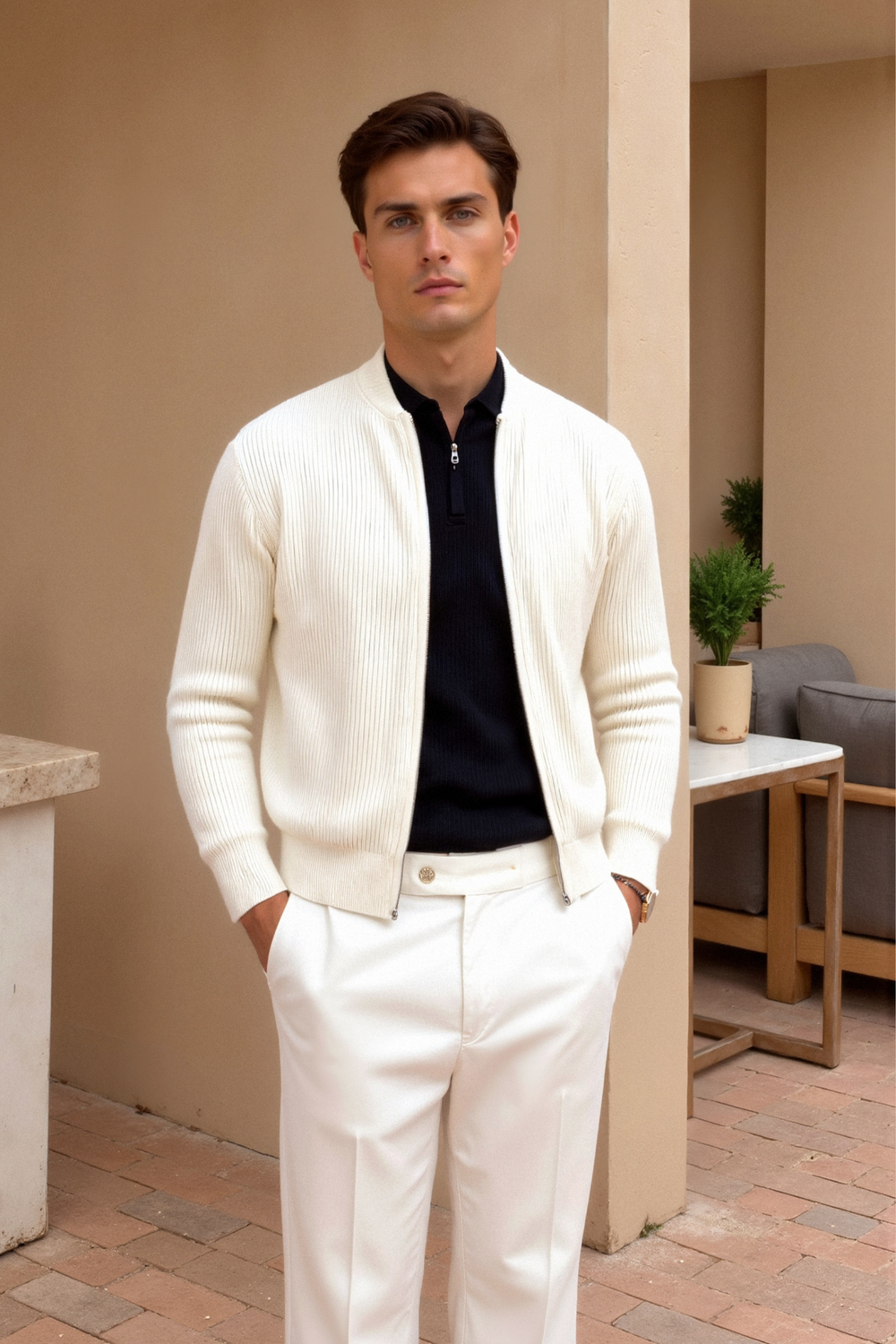 Men’s Minimalist Ribbed Zip Cardigan - Crew-Neck Sweater