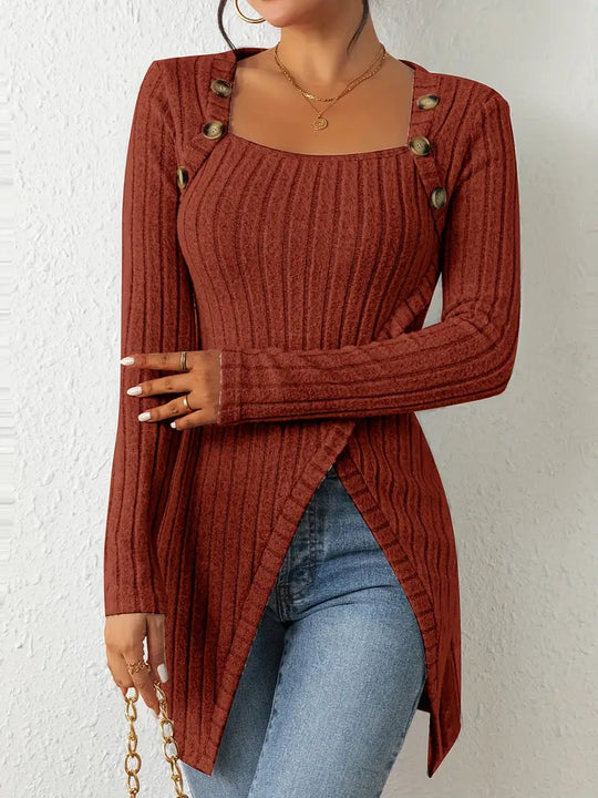 Women’s Long Sleeve Tunic Top - Square Neck Button Detail