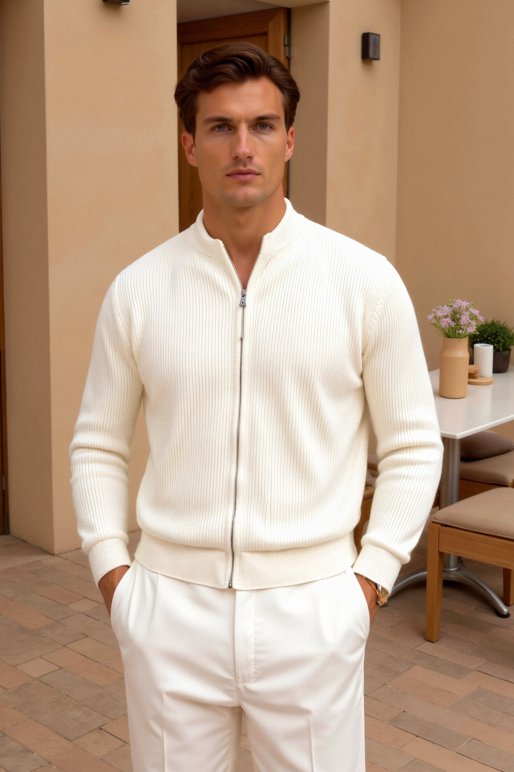 Men’s Minimalist Ribbed Zip Cardigan - Crew-Neck Sweater