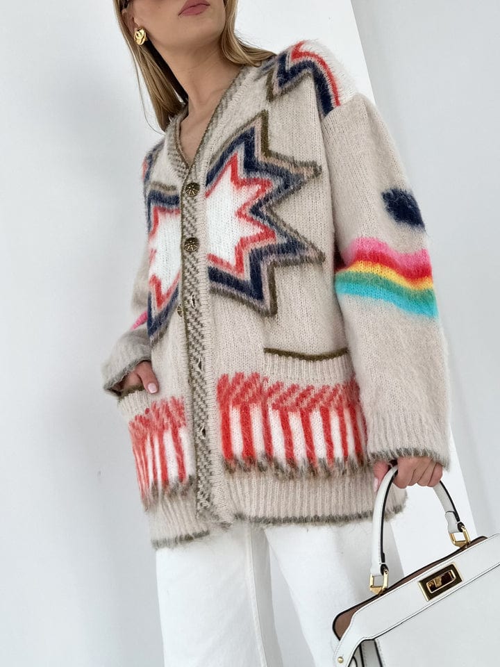 Women’s Boho Patterned Knit Cardigan - Button-Down Sweater