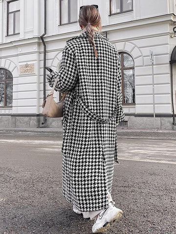 Women’s Houndstooth Long Coat - Elegant Oversized Winter Outerwear