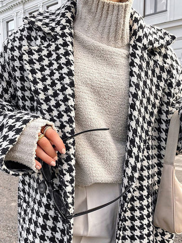 Women’s Houndstooth Long Coat - Elegant Oversized Winter Outerwear