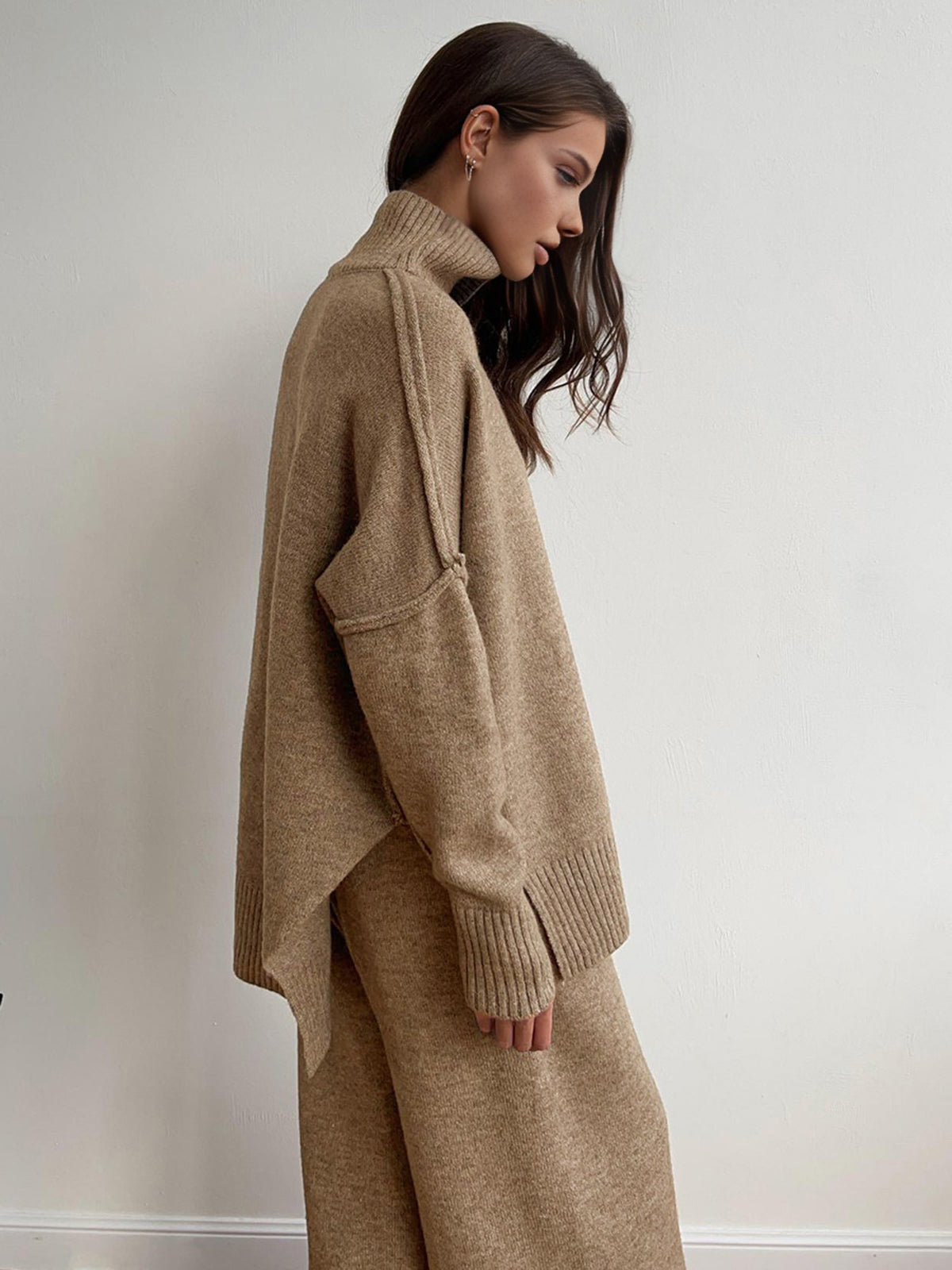 Women’s Luxe Relaxed Knit Lounge Set - Oversized High-Neck Top Wide-Leg Trousers
