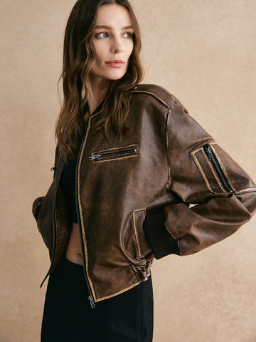 Women’s Vintage Bomber Jacket - Classic Zip-Up Outerwear Retro