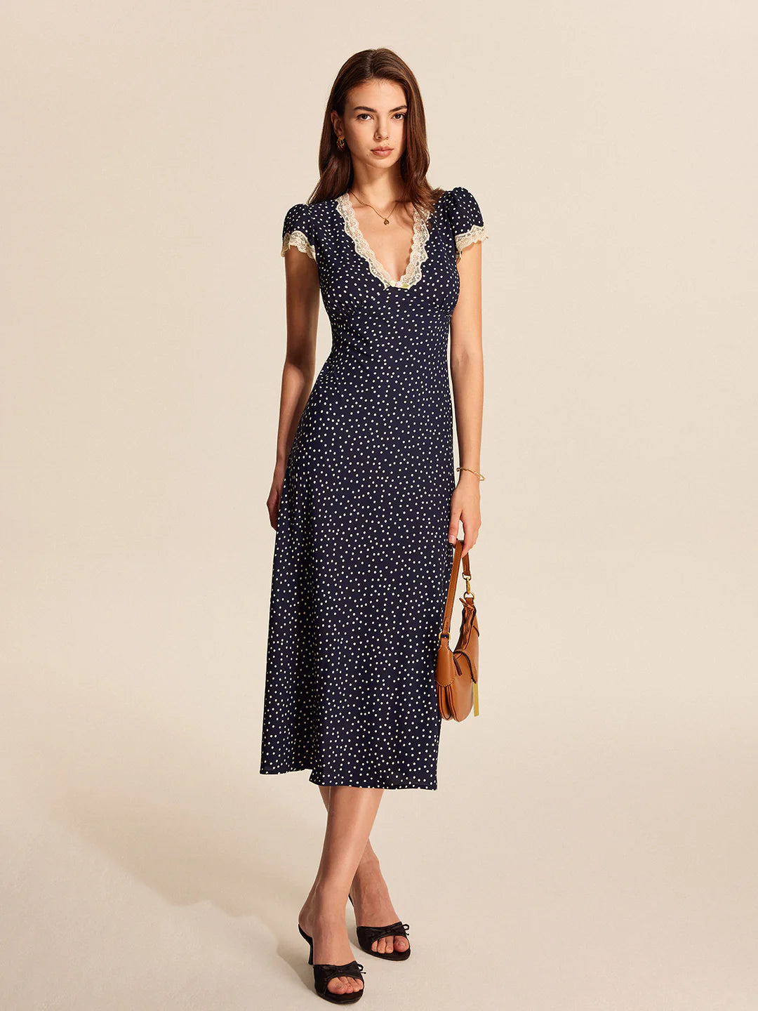 Ivy - Lace-Trimmed Polka Dot Midi Dress