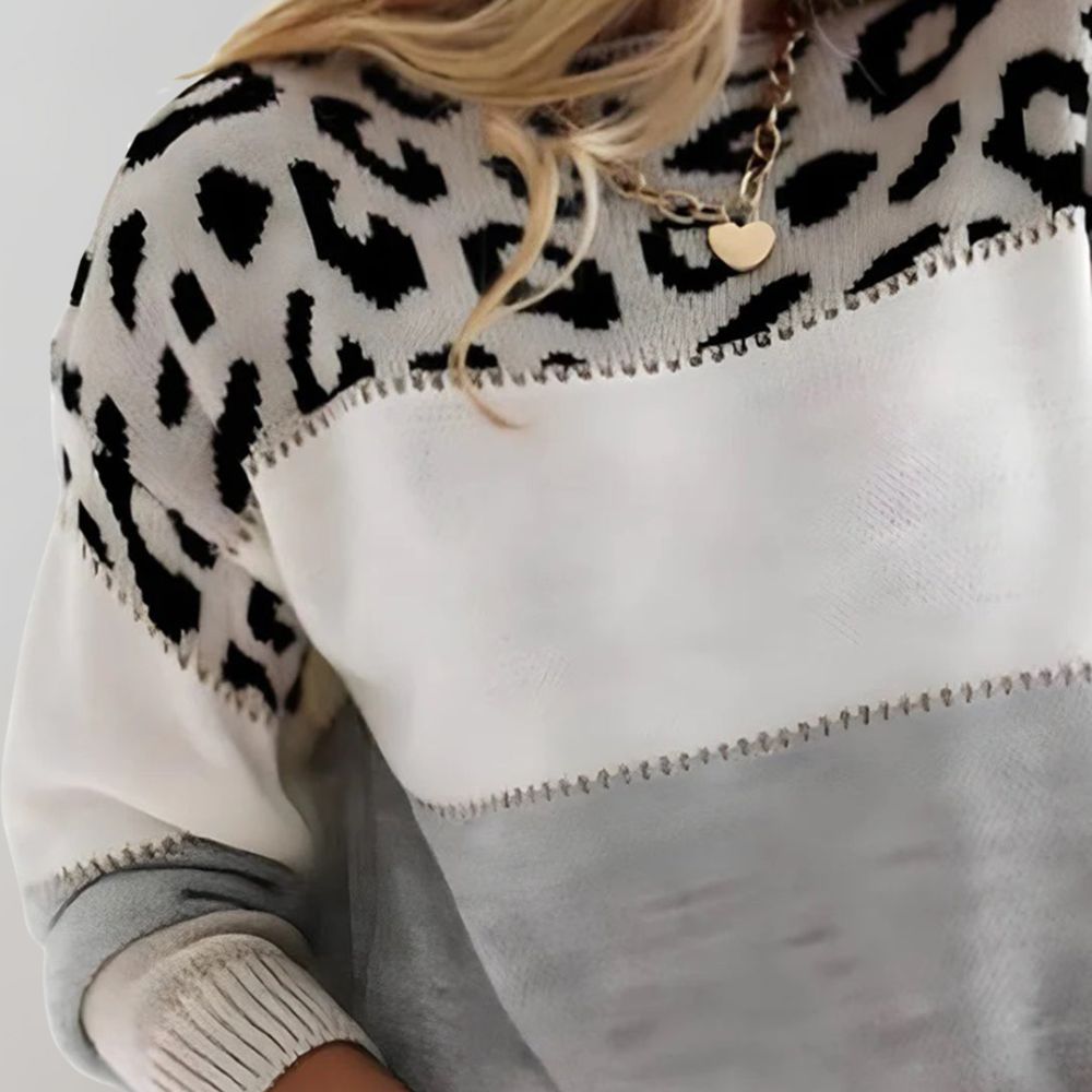 Women’s Chic Leopard Colorblock Sweater - Trendy Knitted Pullover