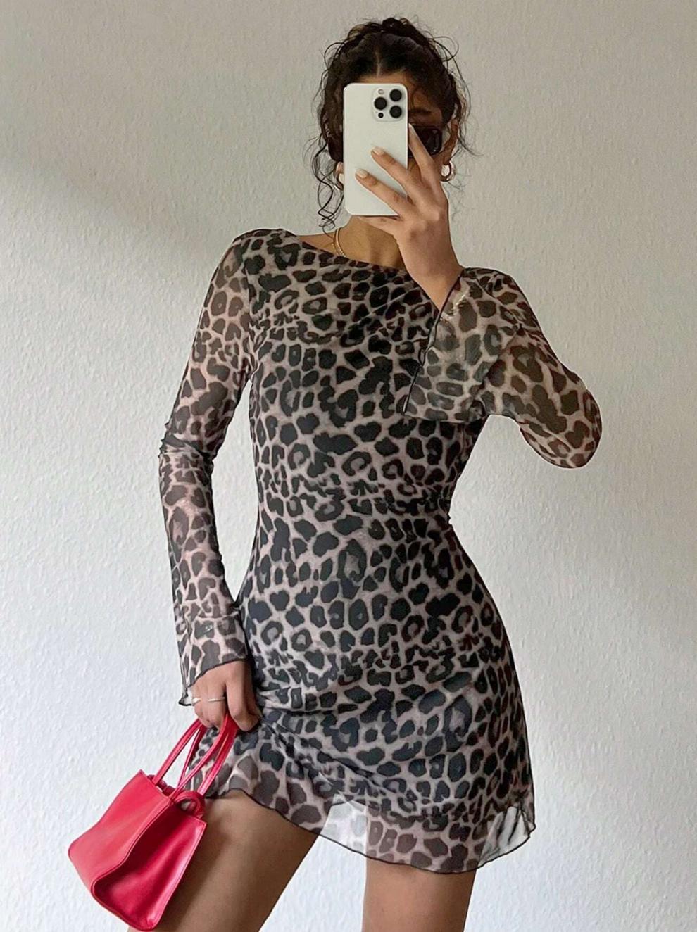 Women’s Leopard Print Mini Dress - Long Sleeve Sheer Bodycon