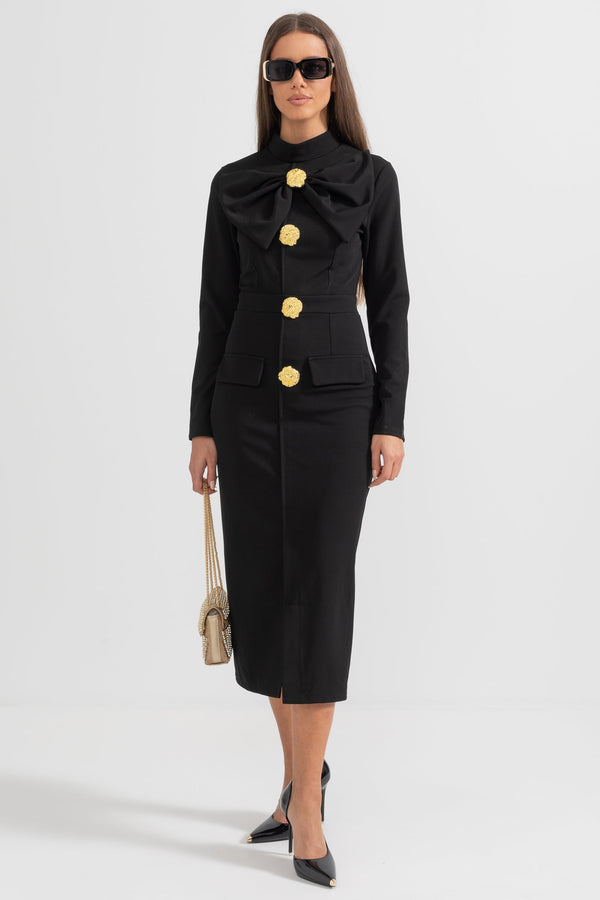 Women’s Long Sleeve Midi Dress - Bow Detail