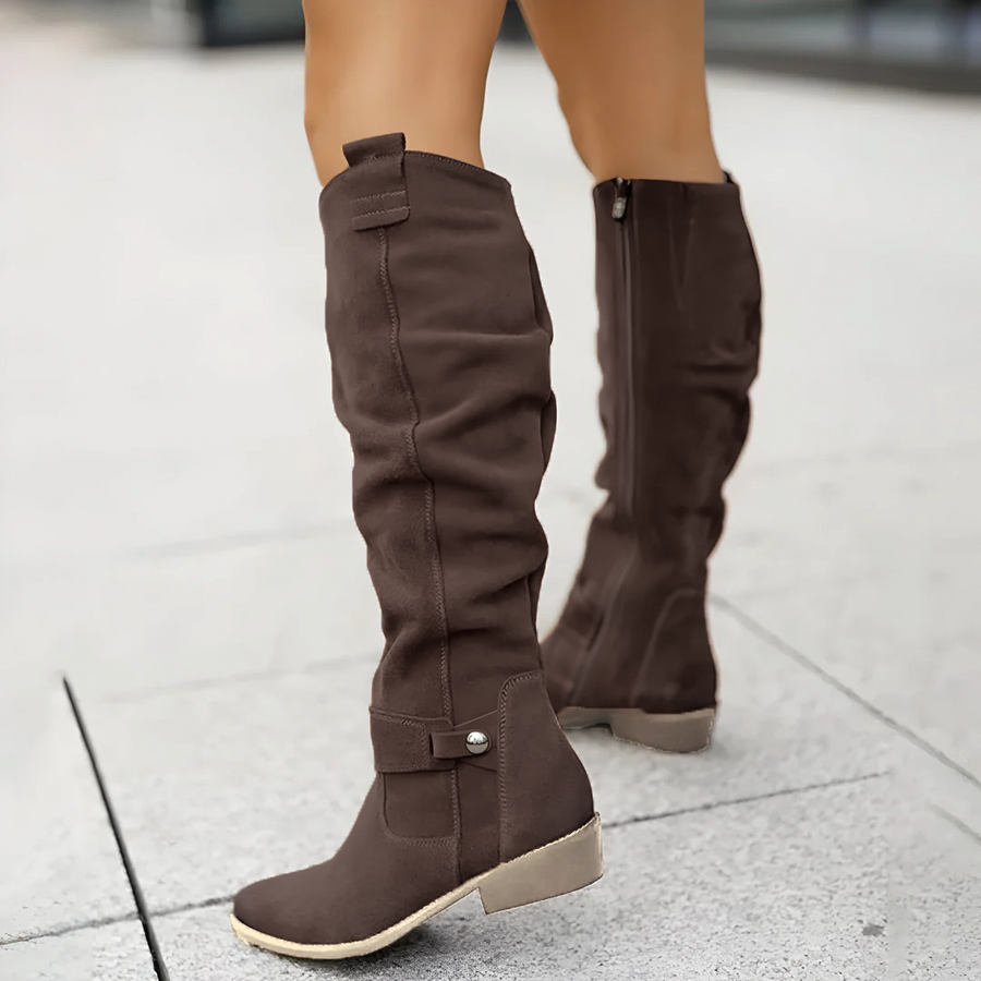 Women’s Knee-High Riding Boots - Low Heel Side Zip