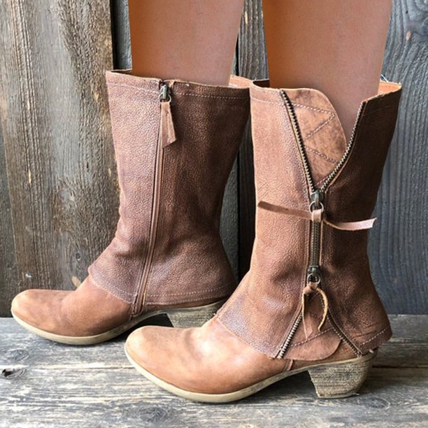 Women’s Mid-Calf Cowgirl Boots – Side Zipper & Stacked Heel