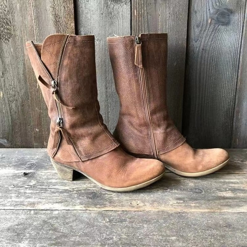 Women’s Mid-Calf Cowgirl Boots – Side Zipper & Stacked Heel