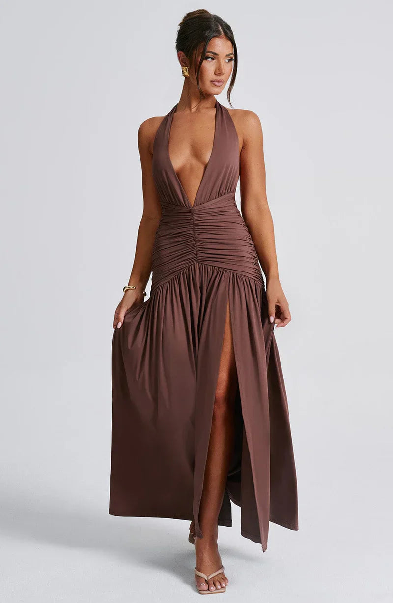 Elysia - Backless Halter Sparkle Maxi Dress