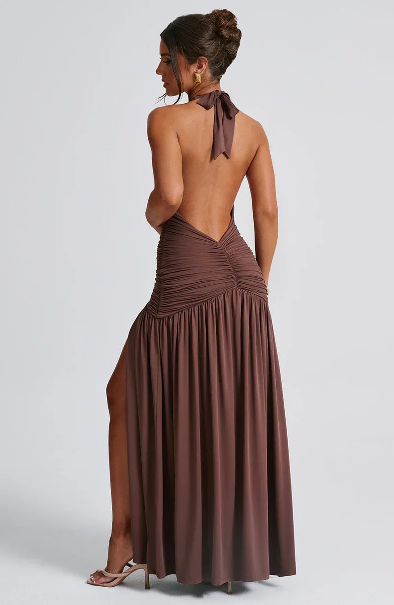 Elysia - Backless Halter Sparkle Maxi Dress