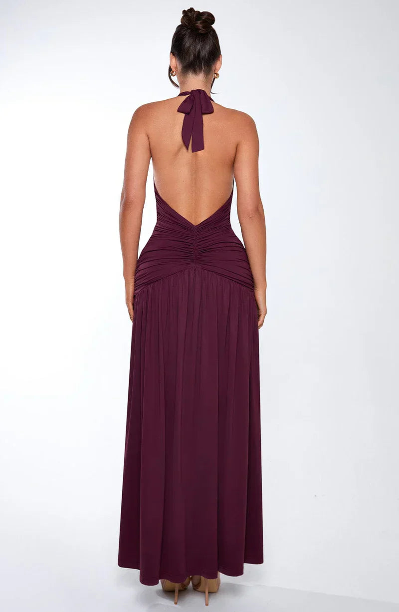 Elysia - Backless Halter Sparkle Maxi Dress