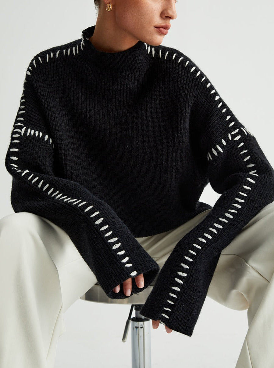 Women’s Whipstitch Knit Sweater – Contrast Stitch Oversized Pullover