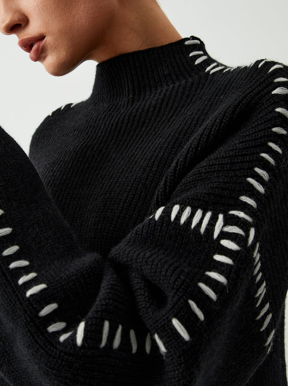 Women’s Whipstitch Knit Sweater – Contrast Stitch Oversized Pullover
