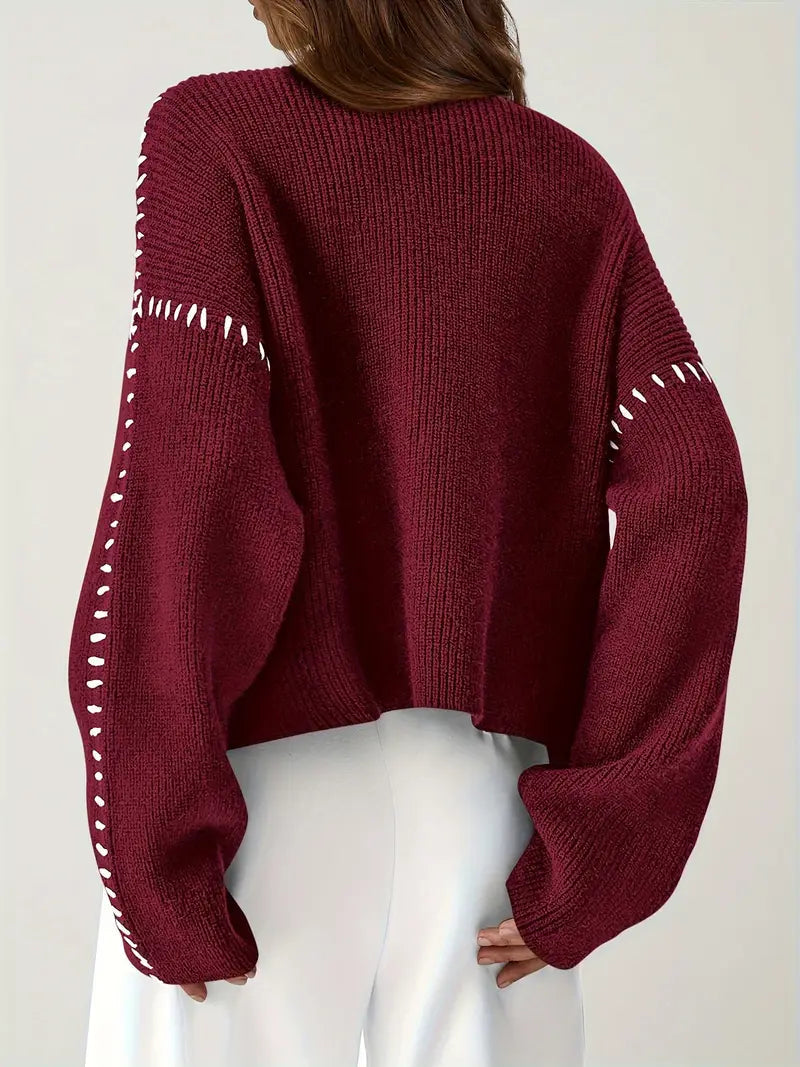 Women’s Whipstitch Knit Sweater – Contrast Stitch Oversized Pullover
