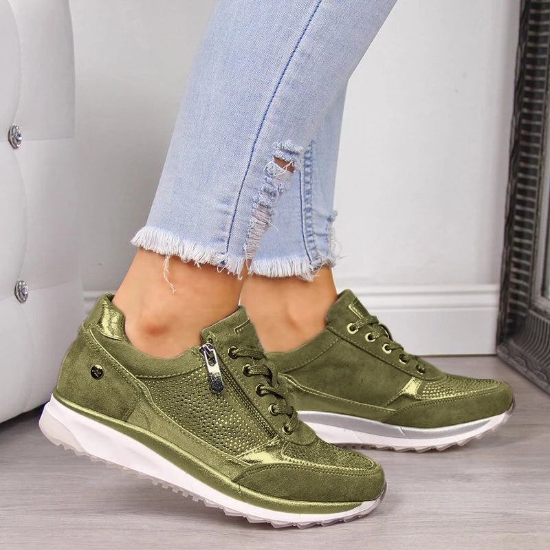 Women’s Rhinestone Zip-Up Platform Sneakers - Lace-Up Trainers