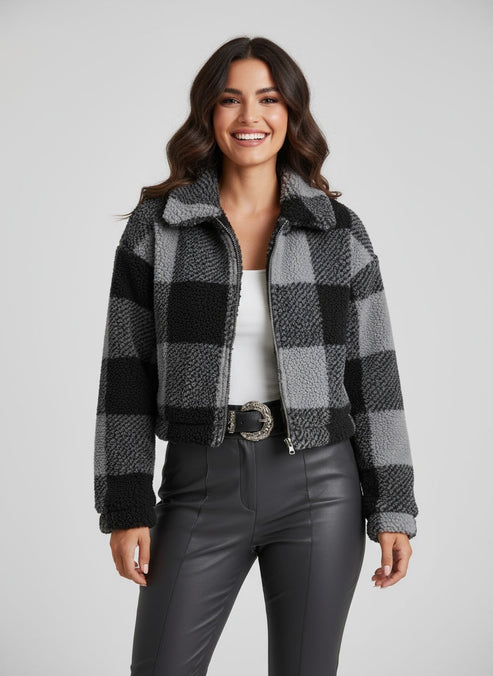 Women’s Checkered Zip Jacket - Cropped Casual Outerwear