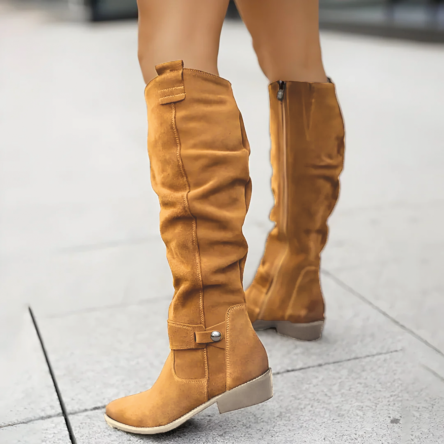 Women’s Knee-High Riding Boots - Low Heel Side Zip
