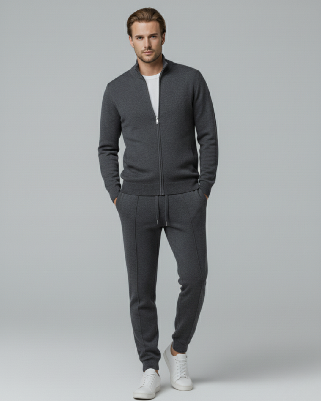Men’s Knitted Lounge Set - Zip-Up Cardigan and Drawstring Trouser Set