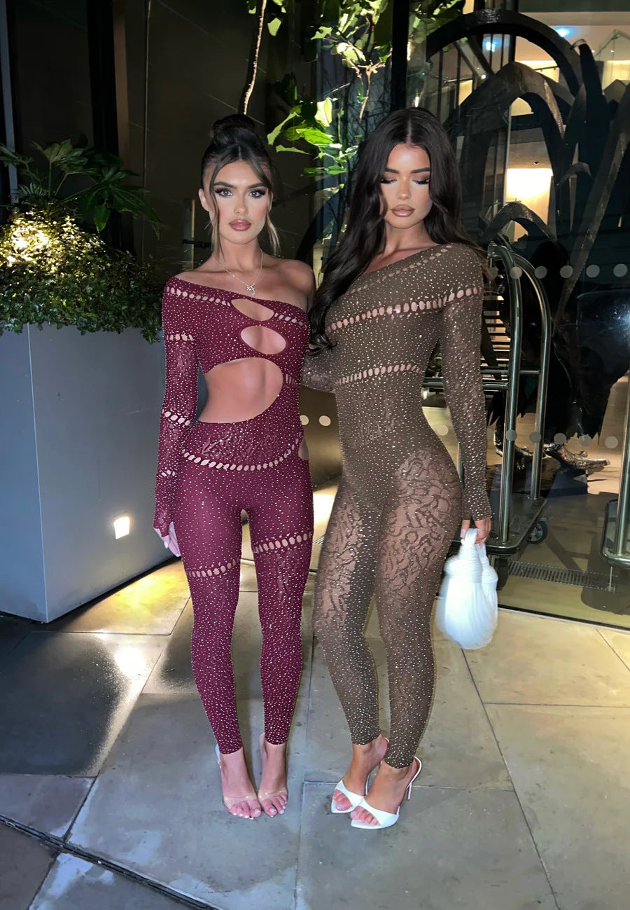Women’s Off-Shoulder Rhinestone Jumpsuit - Long Sleeve Clubwear