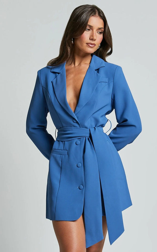 Women’s Tailored Blazer Mini Dress - Belted Lapel Wrap Design