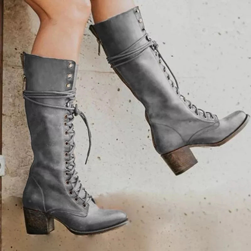 Women’s Verona Vintage Lace-Up Knee-High Boots – Block Heel Retro Style